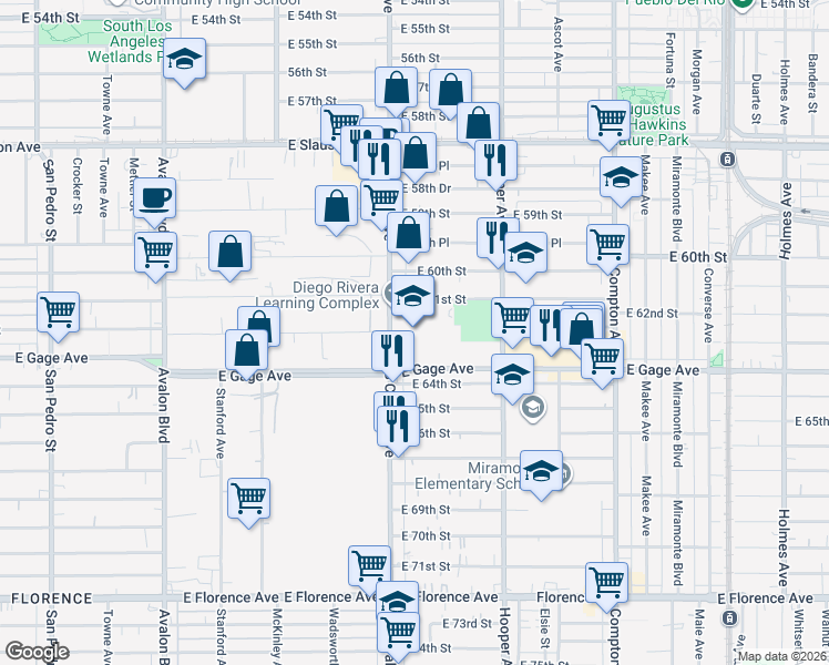 map of restaurants, bars, coffee shops, grocery stores, and more near 6100 South Central Avenue in Los Angeles