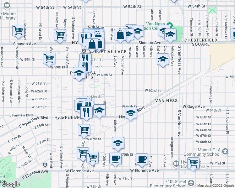 map of restaurants, bars, coffee shops, grocery stores, and more near 6210 8th Avenue in Los Angeles