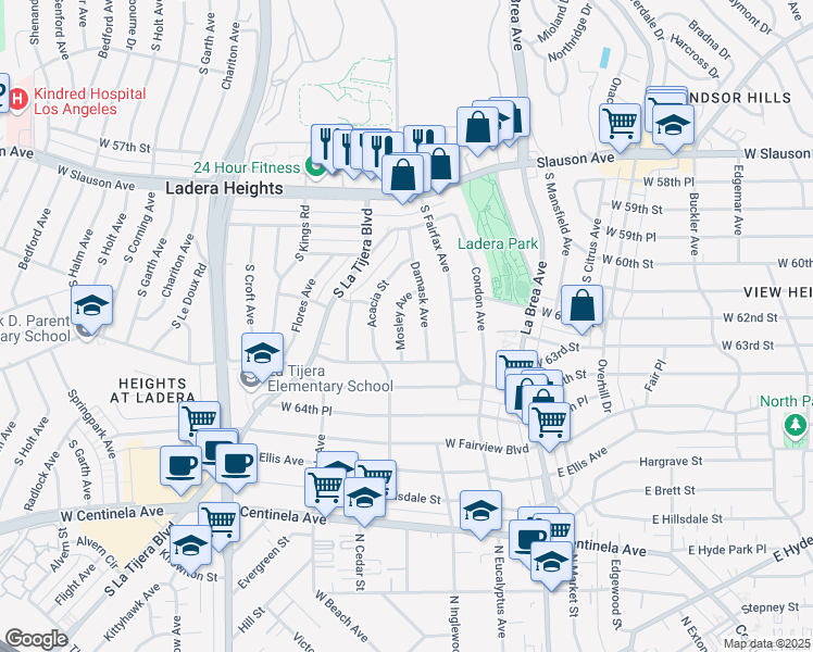map of restaurants, bars, coffee shops, grocery stores, and more near 6260 Mosley Avenue in Los Angeles