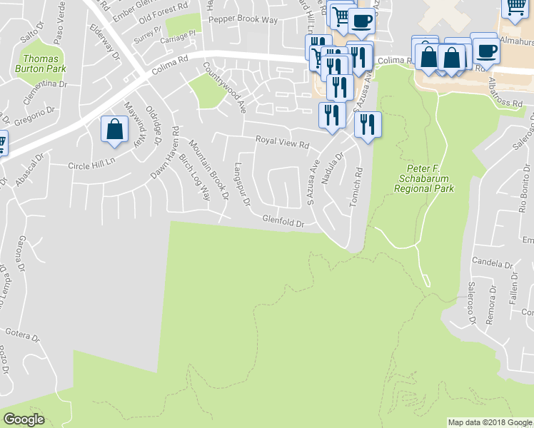 map of restaurants, bars, coffee shops, grocery stores, and more near 16923 Glenfold Drive in Hacienda Heights