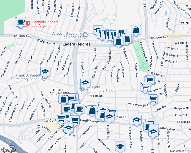 map of restaurants, bars, coffee shops, grocery stores, and more near 6130 Flores Avenue in Los Angeles