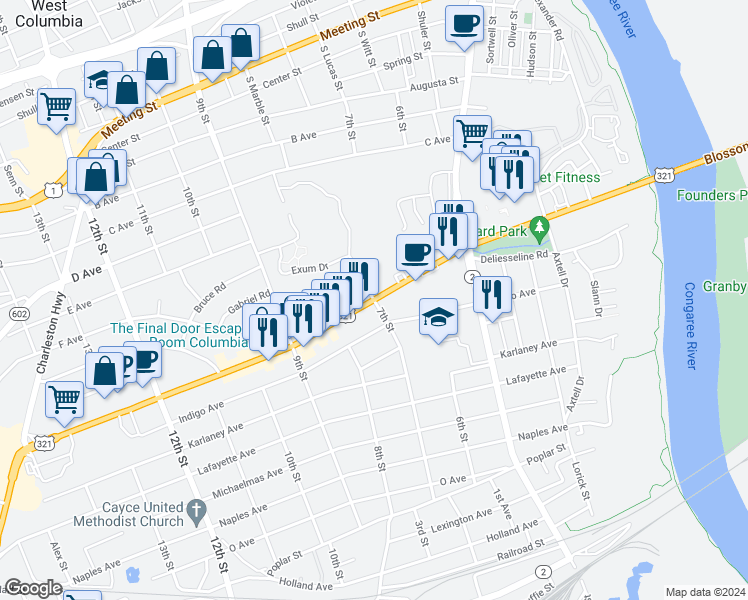 map of restaurants, bars, coffee shops, grocery stores, and more near 7th Street in Cayce
