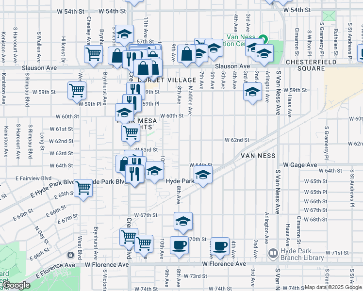map of restaurants, bars, coffee shops, grocery stores, and more near 6210 8th Avenue in Los Angeles