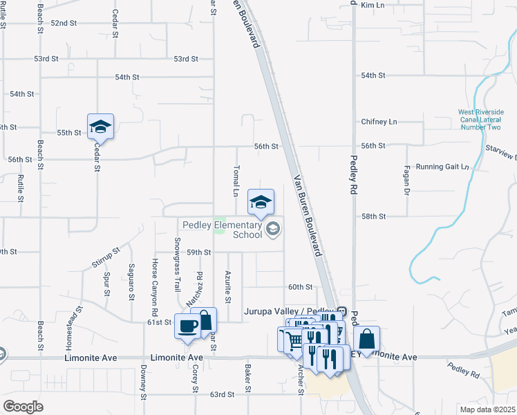 map of restaurants, bars, coffee shops, grocery stores, and more near 5773 Angela Avenue in Riverside