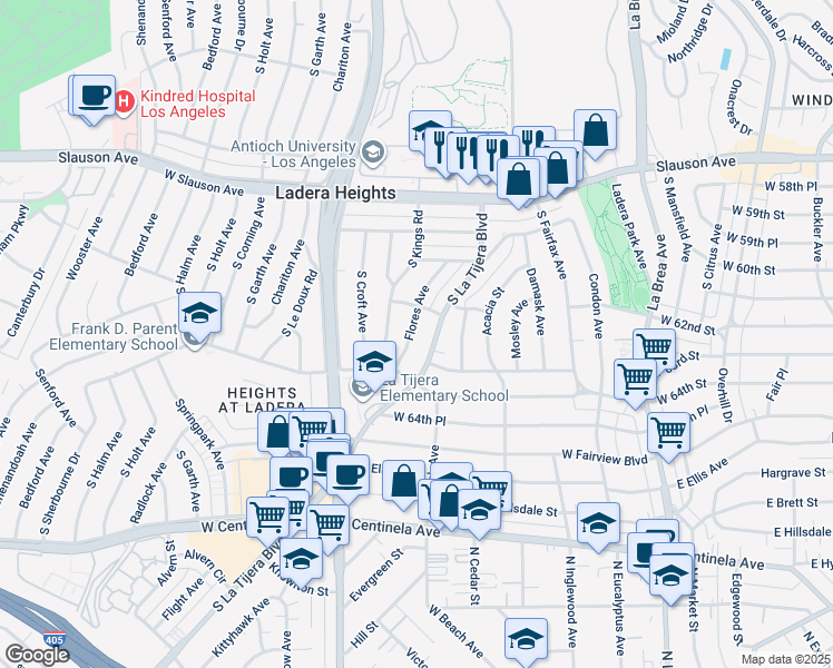 map of restaurants, bars, coffee shops, grocery stores, and more near 6130 Flores Avenue in Los Angeles