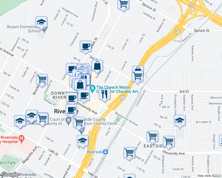 map of restaurants, bars, coffee shops, grocery stores, and more near 3500 Lime Street in Riverside