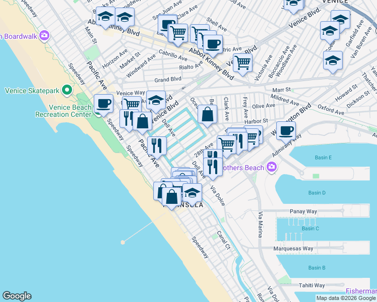 map of restaurants, bars, coffee shops, grocery stores, and more near 404 Sherman Canal in Los Angeles