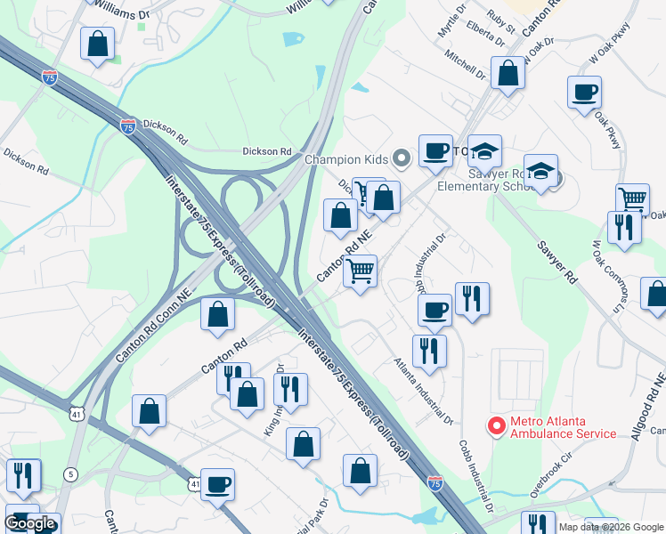 map of restaurants, bars, coffee shops, grocery stores, and more near 1327 Canton Road Northeast in Marietta