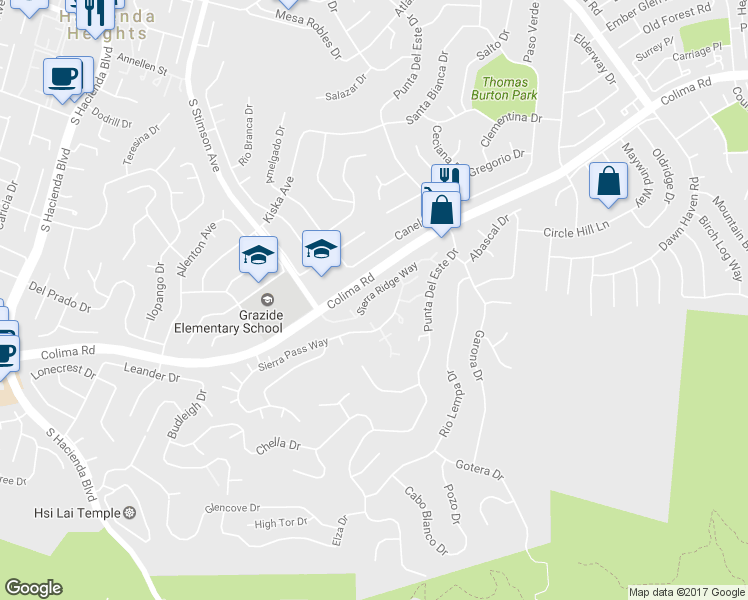 map of restaurants, bars, coffee shops, grocery stores, and more near 16264 Sierra Ridge Way in Hacienda Heights