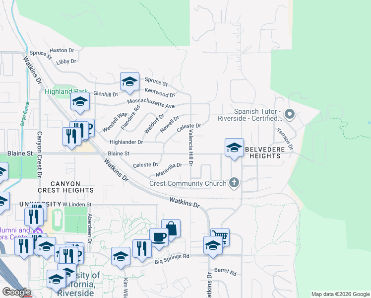 map of restaurants, bars, coffee shops, grocery stores, and more near 3155 Valencia Hill Drive in Riverside