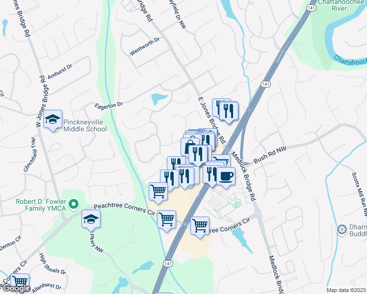 map of restaurants, bars, coffee shops, grocery stores, and more near 4014 Yarrow Bluff Northwest in Norcross