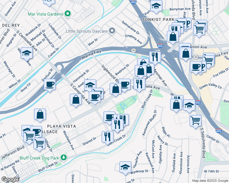 map of restaurants, bars, coffee shops, grocery stores, and more near 12035 Juniette Street in Culver City