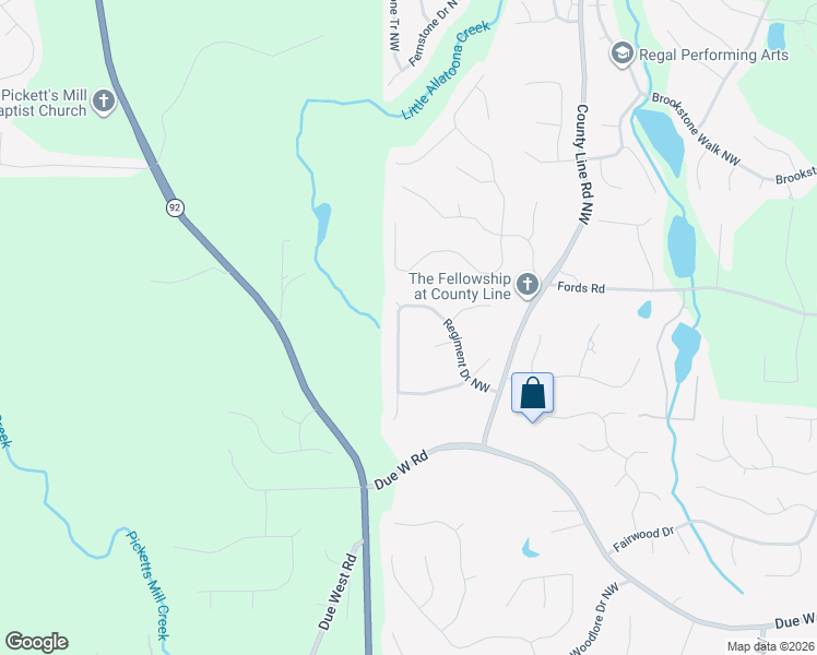 map of restaurants, bars, coffee shops, grocery stores, and more near 1139 Regiment Drive Northwest in Acworth
