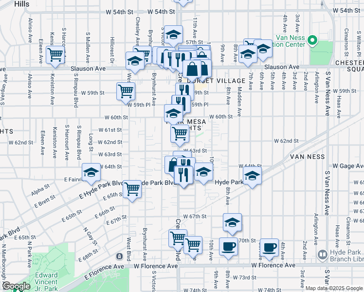 map of restaurants, bars, coffee shops, grocery stores, and more near 6030 Crenshaw Boulevard in Los Angeles