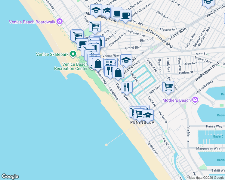 map of restaurants, bars, coffee shops, grocery stores, and more near 28 South Venice Boulevard in Los Angeles