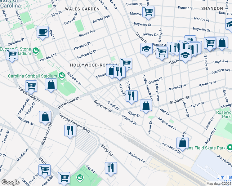 map of restaurants, bars, coffee shops, grocery stores, and more near 430 South Pickens Street in Columbia