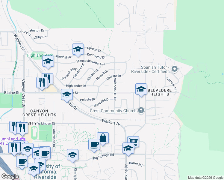 map of restaurants, bars, coffee shops, grocery stores, and more near 3155 Valencia Hill Drive in Riverside
