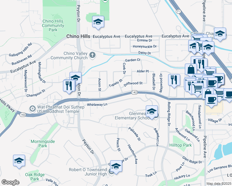 map of restaurants, bars, coffee shops, grocery stores, and more near 14829 Tyrol Court in Chino Hills