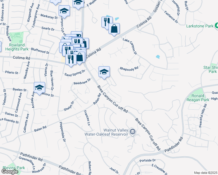 map of restaurants, bars, coffee shops, grocery stores, and more near 19972 Esquiline Avenue in Walnut