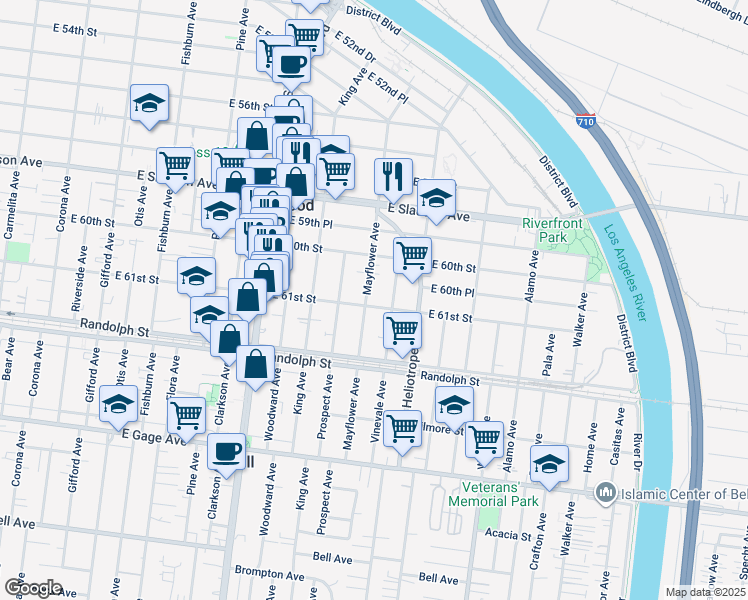 map of restaurants, bars, coffee shops, grocery stores, and more near 6033 Mayflower Avenue in Maywood