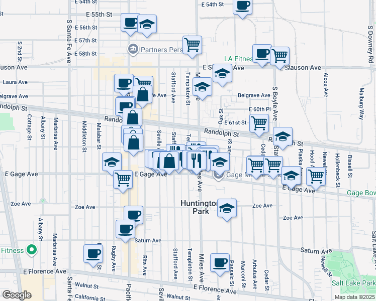 map of restaurants, bars, coffee shops, grocery stores, and more near 6121 Miles Avenue in Huntington Park