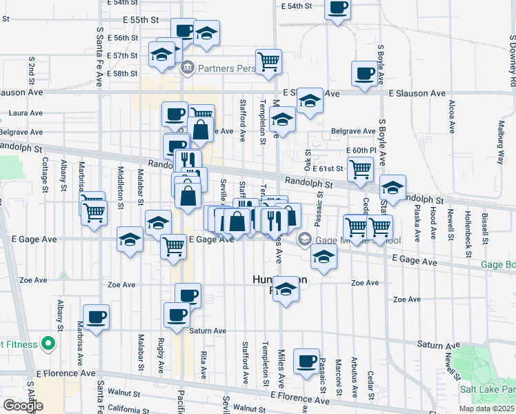 map of restaurants, bars, coffee shops, grocery stores, and more near 6202 Stafford Avenue in Huntington Park