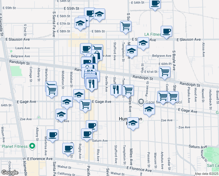 map of restaurants, bars, coffee shops, grocery stores, and more near 6208 Seville Avenue in Huntington Park