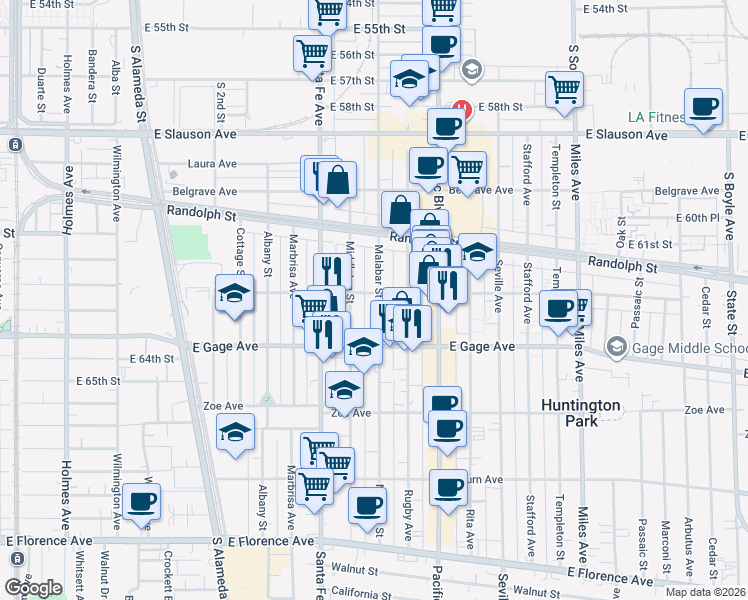 map of restaurants, bars, coffee shops, grocery stores, and more near 6212 Middleton Street in Huntington Park