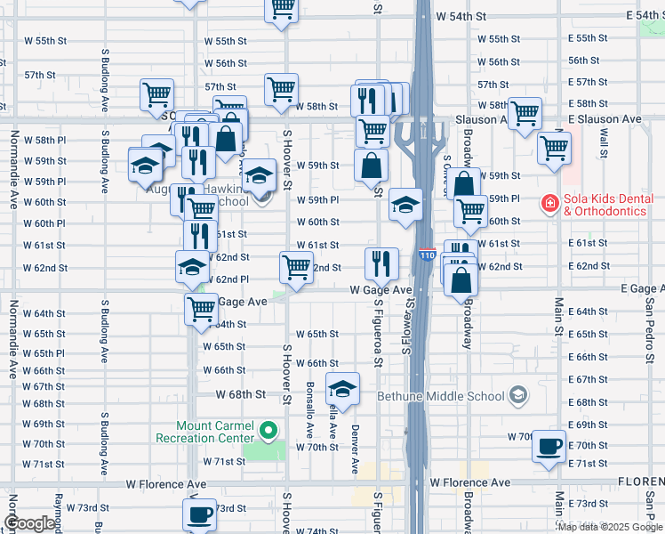 map of restaurants, bars, coffee shops, grocery stores, and more near 668 West 61st Street in Los Angeles