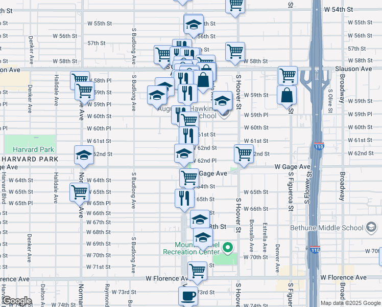 map of restaurants, bars, coffee shops, grocery stores, and more near 6132 South Vermont Avenue in Los Angeles