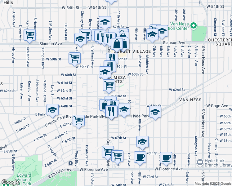 map of restaurants, bars, coffee shops, grocery stores, and more near 6030 Crenshaw Boulevard in Los Angeles