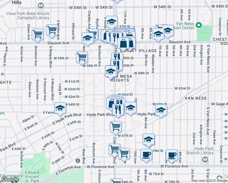 map of restaurants, bars, coffee shops, grocery stores, and more near 6030 Crenshaw Boulevard in Los Angeles