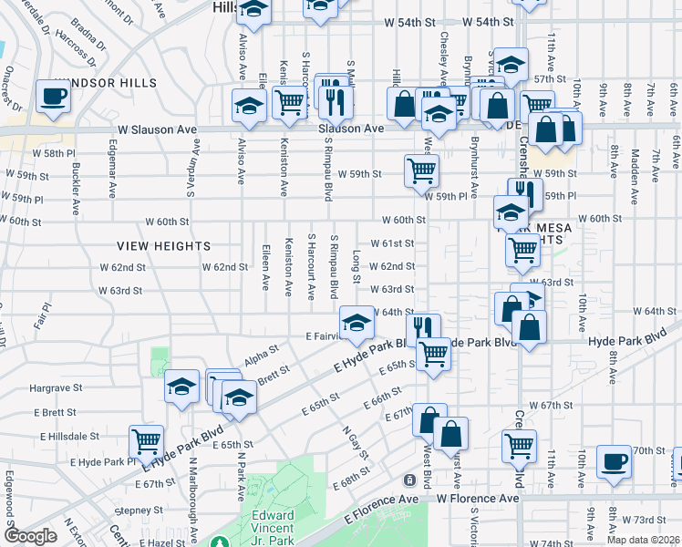 map of restaurants, bars, coffee shops, grocery stores, and more near 6114 South Rimpau Boulevard in Los Angeles