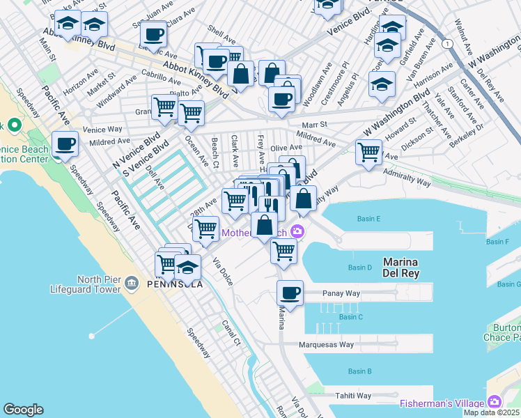 map of restaurants, bars, coffee shops, grocery stores, and more near 2904 Beach Avenue in Los Angeles
