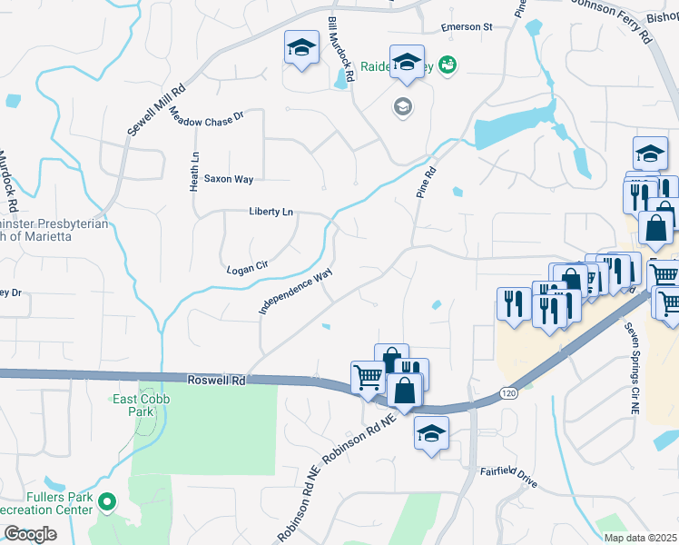 map of restaurants, bars, coffee shops, grocery stores, and more near 1384 Independence Way in Marietta