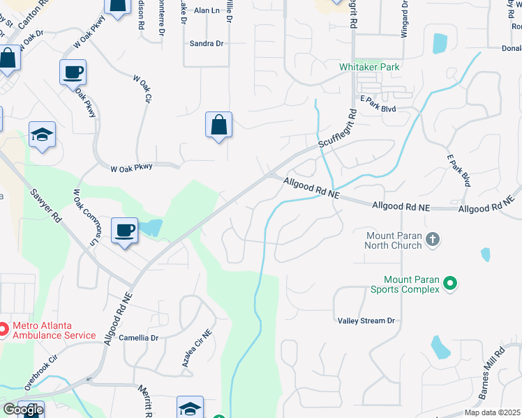 map of restaurants, bars, coffee shops, grocery stores, and more near 1270 Cameron Creek in Marietta