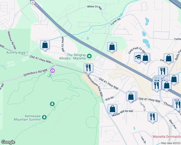 map of restaurants, bars, coffee shops, grocery stores, and more near 605 Stone Field Run in Marietta