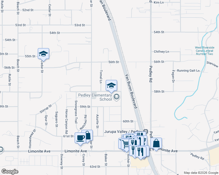 map of restaurants, bars, coffee shops, grocery stores, and more near 5773 Angela Avenue in Riverside