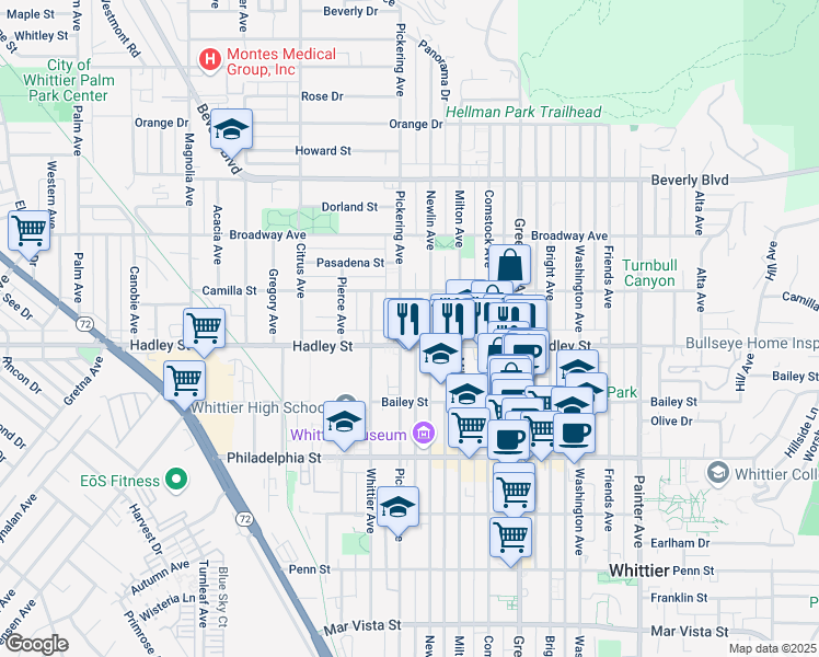 map of restaurants, bars, coffee shops, grocery stores, and more near 6342 Pickering Avenue in Whittier