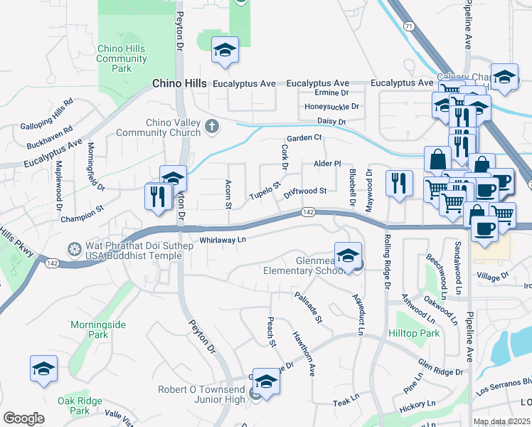 map of restaurants, bars, coffee shops, grocery stores, and more near 14829 Tyrol Court in Chino Hills