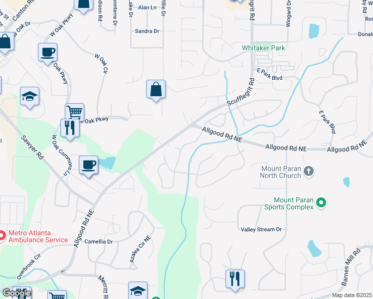 map of restaurants, bars, coffee shops, grocery stores, and more near 1270 Cameron Creek in Marietta