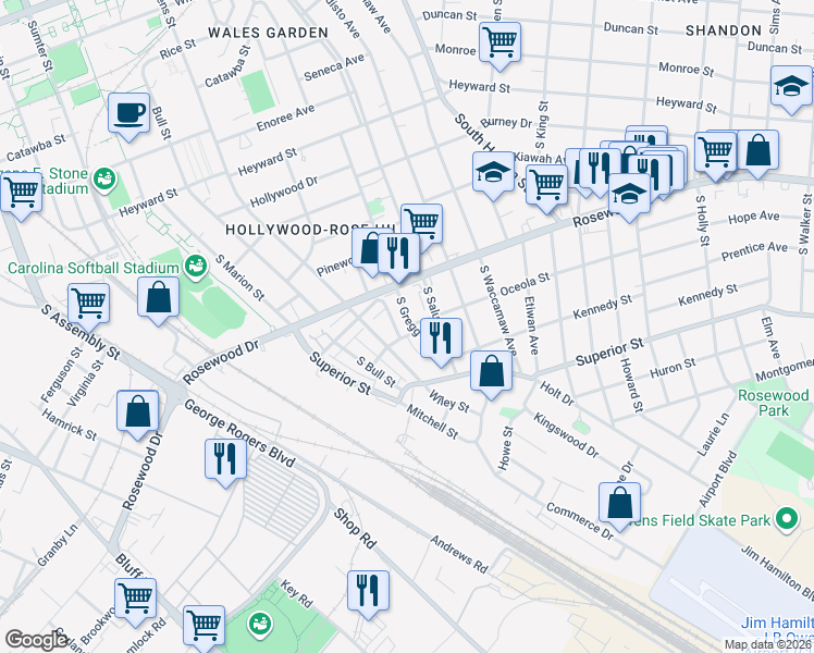 map of restaurants, bars, coffee shops, grocery stores, and more near 429 South Gregg Street in Columbia