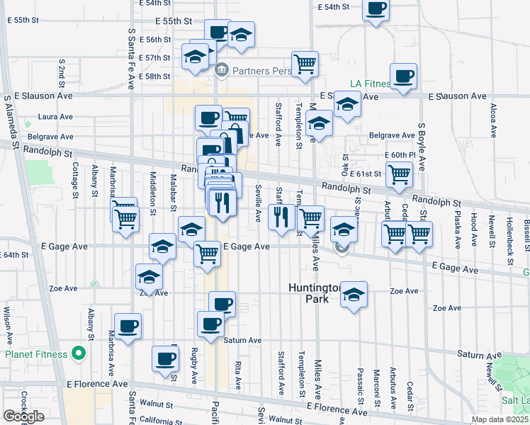 map of restaurants, bars, coffee shops, grocery stores, and more near 6300 Seville Avenue in Huntington Park