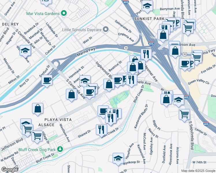 map of restaurants, bars, coffee shops, grocery stores, and more near 12035 Juniette Street in Culver City