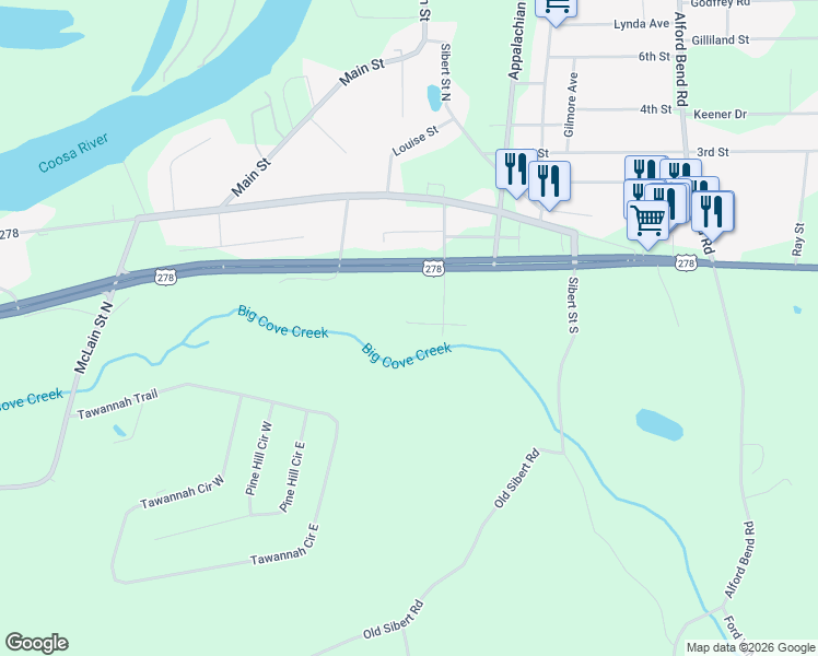 map of restaurants, bars, coffee shops, grocery stores, and more near 3650 Dogwood Drive in Hokes Bluff