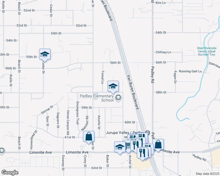map of restaurants, bars, coffee shops, grocery stores, and more near 3825 Crestmore Road in Jurupa Valley