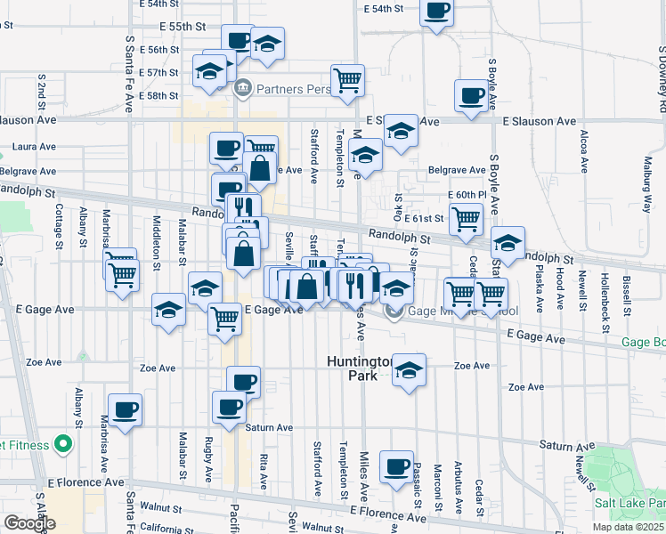 map of restaurants, bars, coffee shops, grocery stores, and more near 6202 Stafford Avenue in Huntington Park