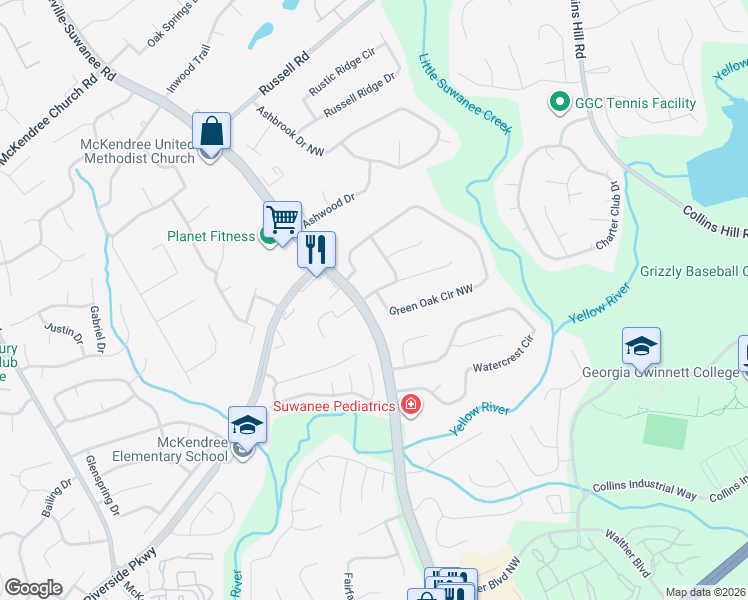 map of restaurants, bars, coffee shops, grocery stores, and more near 545 Meadowfield Court in Lawrenceville