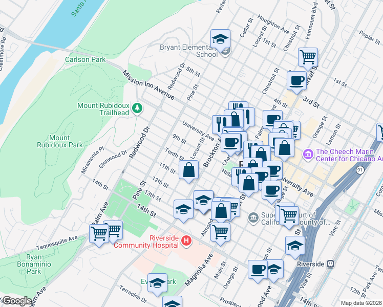map of restaurants, bars, coffee shops, grocery stores, and more near 3941 Locust Street in Riverside