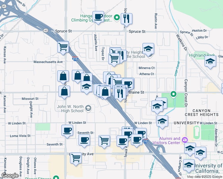 map of restaurants, bars, coffee shops, grocery stores, and more near 1385 West Blaine Street in Riverside